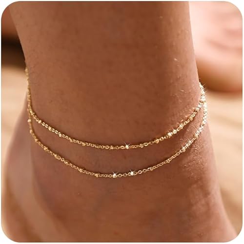 MIDEEO Gold/Silver Ankle Bracelets for Women,14K Gold Anklets for Women Waterproof Cuban Link Heart Beads Herringbone Rhinestone Anklets Set Layered Anklet Bracelets for Women Gold Jewelry Gift