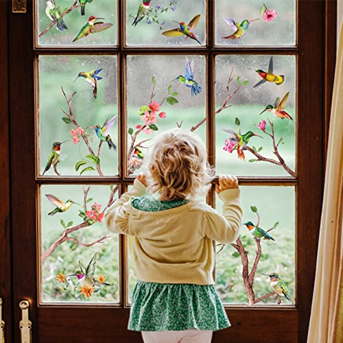 Yovkky Spring Summer Hummingbirds Tree Branches Window Clings 9 Sheets, Prevent Bird Strikes Flowers Stickers Decal Decor, Anti-Collision Home Kitchen Office Fridge Decorations Diy Supply Double Sided #TOP5