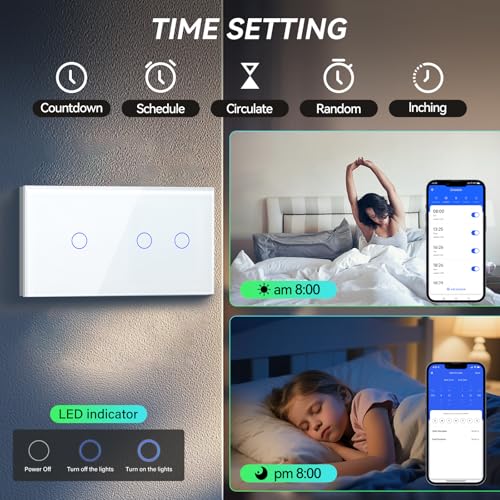 BSEED Smart Lichtschalter 2 Fach 2 Wege +1 Fach 2 Wege Wifi Smart Lichtschalter arbeitet mit Amazon Alexa and Google Home,Glas Touchscreen-schalter Weiß(Erforderlich Neutral Draht)157mm