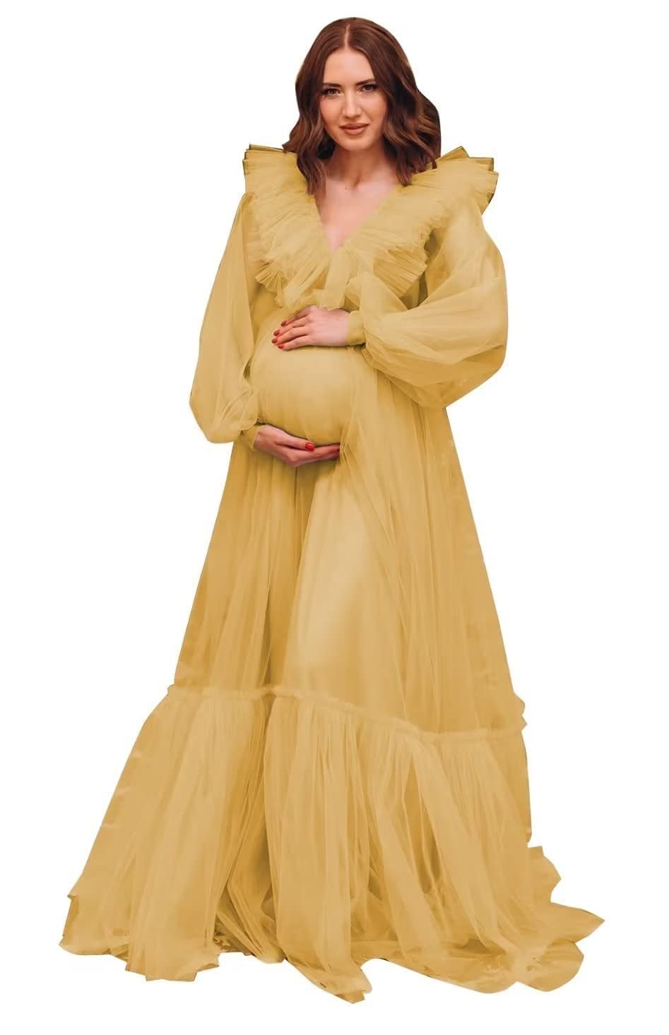 FONGYUSHUNTulle Ruffles Maternity Dress for Photoshoot Puffy Long Sleeve V Neck Baby Shower Lingerie Pregnancy Robes