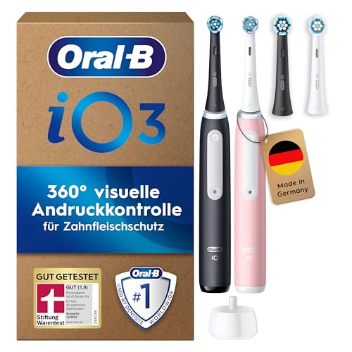Oral-B Brosses A Dents Electriques iO 3 Duo, 3 Modes De Nettoyage Dont Blancheur, Brossage Silencieux, Capteur De Pression, 4 Brossettes De Rechange Oral B Rondes, Chargeur, En Carton, Noire et Rose