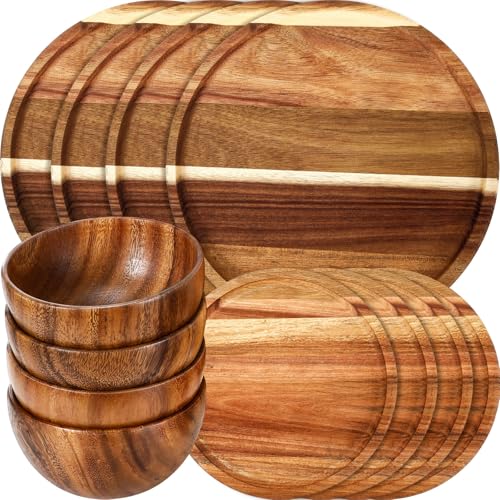 Maxdot 12 Pcs Acacia Wood Dinnerware Set, Round Wooden Plates 8 Inch 10 Inch, Solid Wooden Bowls, Acacia Wood Tableware Supplies, Easy Cleaning & Lightweight for Dishes Snack, Dessert, Set for 4 Maxdot 12 Pcs Acacia Wood Dinnerware Set, Round Wooden Plates 8 Inch 10 Inch, Solid Wooden Bowls, Acacia Wood Tableware Supplies, Easy Cleaning & Lightweight for Dishes Snack, Dessert, Set for 4
