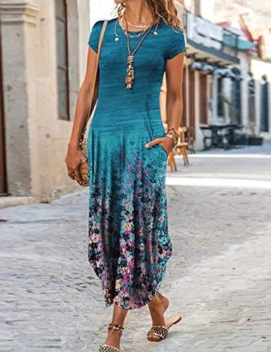 Image of Women Summer Casual Maxi Dress Floral Printed Loose Pockets Short Sleeve Split Boho Dresses