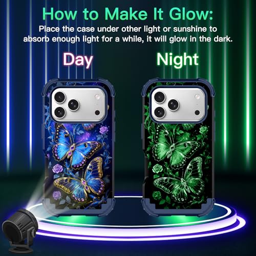 LONTECT for iPhone 17 Pro Max Case 3 in 1 Shockproof Heavy Duty Rugged Hard PC+Soft Silicone Full Body Protective Cover Butterfly Case for Apple iPhone 17 Pro Max, Glow in The Dark Deep Blue by LONTECT - Used condition - US$13.40