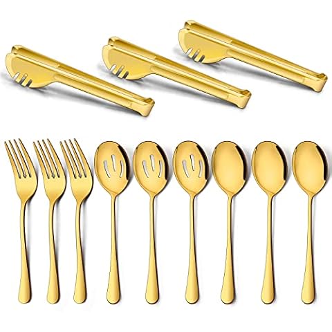 Homikit 12 Stück Große Edelstahl Servierlöffel Geschlitzte Servierlöffel Serviergabel Servierzange Gold Metall Catering Bankett Buffet Party Servierutensilien Spiegelpoliert Spülmaschinenfest Cover