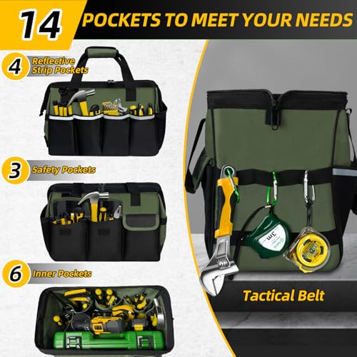 NECKORY Tool Bag, Portable Tool Box Organizer Adjustable Shoulder Strap, Carry Tool Tote Heavy Duty Tool Storage Bag With Wide Mouth,Tool Bags for Men Mechanic EngineerGift - L, Army Green & Black by NECKORY - Image 4