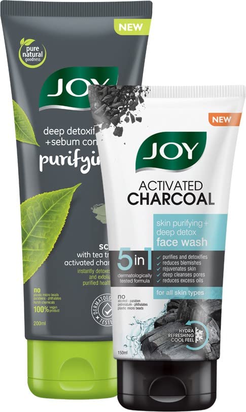 Joy Charcoal Face Care Combo With Face Wash & Scrub For Deep Skin Cleansing | Skin Purifying & Dirt Removal Facial Kit for Men & Women | Summer Essential Value Set | 150 + 200ml