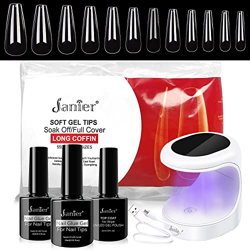 Janier Nail Tips and Glue Gel Kit,2 In 1 Nail Glue Base Coat&Top Coat with Long Coffin False Clear Half Cover Fake Nail and UV LED Nail Lamp for Nail Extension DIY Nail Art…