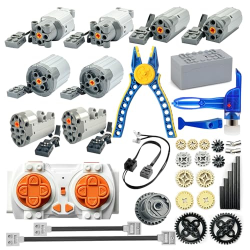 37-in-1 Motor Kit Compatible with Lego Technic Parts Gears, Power Function Motor Set Carbon Fiber Axles and Alloy Universal Joints, Rechargeable Battery Remote Control, Building Block Separator Tools