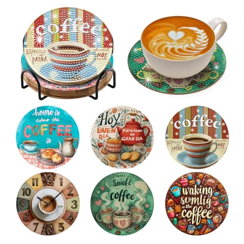 BNG Coffee Diamond Paintings Coasters Kits Set with Holder, 6Pcs Cup Art DIY Crafts Coasters for Adults, Art Painting Kits for Women, Beginners, Diamond Craft Supplies