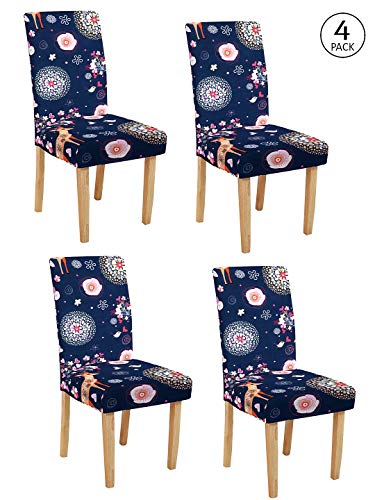 Image of Cortina Dining Chair Slipcovers | Anti Slip Chair Cover | Floral Print, Removable & Easy Wash | Universal Fit Soft Stretchy Polyester Spandex | Living Room, Kitchen, Hall | Pack of 4, Navy 2