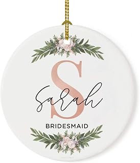 Andaz Press Personalized Round Ceramic Porcelain Christmas Tree Ornament Keepsake Collectible Bridesmaid Gift, Monogram Letter with Name, 1-Pack, Custom