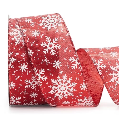 ALTIER 2.5 Inch x 25 Yards Red Metallic White Snowflake Wired Ribbon for Christmas Home Decoration Gift Wrapping Bow Making Wreath DIY Crafts