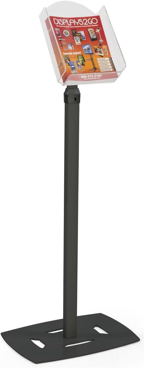 Displays2go Floor Standing Magazine Holder, Aluminum Base, Acrylic Pocket – Black, Clear Finish (M2XLHBLK)