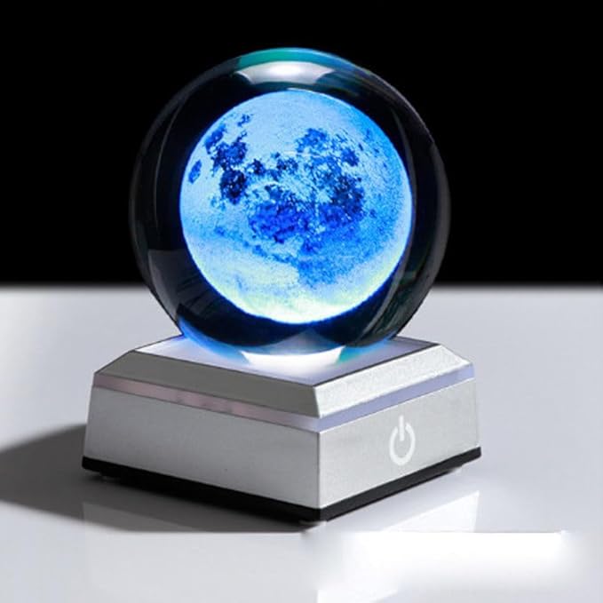 Hplvetoys 3D Moon Crystal Ball 80mm, Amethyst Universe Crystal Ball 3.15" Laser Engraved with LED Lamp Stand Home Office Decor