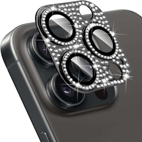 Hsefo Designed for iPhone 15 Pro and 15 Pro Max Camera Lens Protector, Bling Rhinestone Sparkle Diamond 9H Tempered Glass Lens Cover Shockproof Full Protective Camera Cover, Black