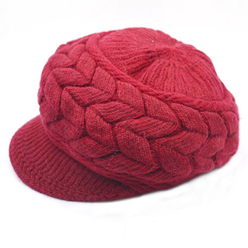 Aisa Womens Fashion Winter Warm Knit Hat Woolen Snow Ski Caps With Visor (Color Red) #TOP3