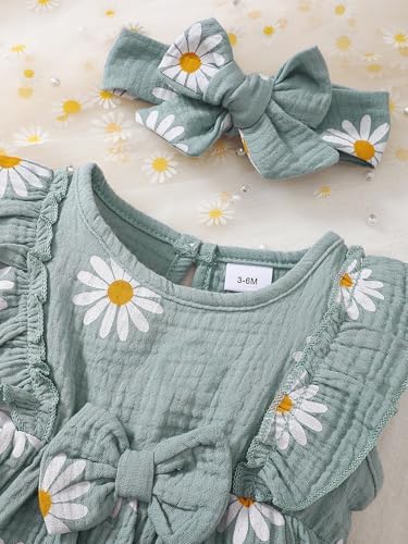 LUJENGEFA Baby Girl Dress Summer Outfits Clothes Casual Cotton Linen Ruffle Sleeveless Sundress Green 3-6 months — view 2