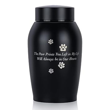 JOFUNG Pet Urn, Metal Cremate Funeral Urn for Dog/Cat Ashes,Paw Print Keepsake?Laser Engraving, Thread Design on The Top,Black Paw Print