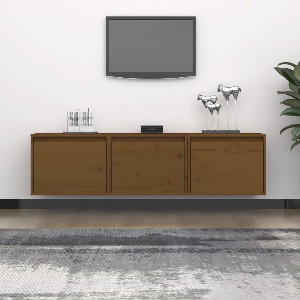 3-Piece Solid Pine Wood Floating TV Stand | Each honey brown wall-mounted unit measures 45x30x35 cm, providing space-saving storage for living room media centers.