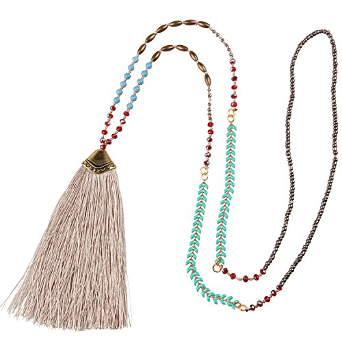 KELITCH Turquoise Crystal Beads Strand Necklace Color Tassel Necklace for Women (Grey)