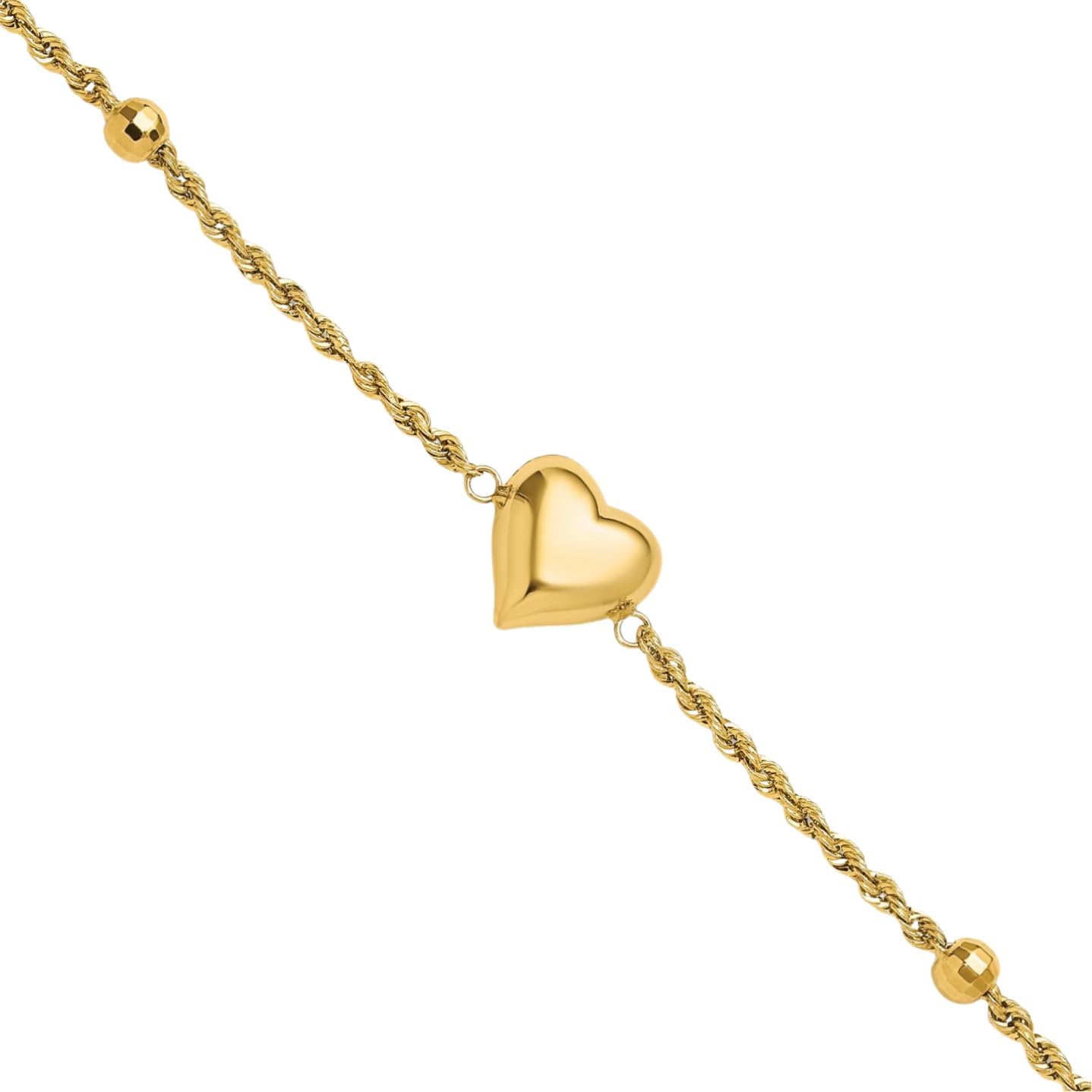 IceCarats 14K Yellow Gold 2.25mm Rope Chain Heart Charm Bracelet 7.75 inch Lightweight, Diamond Cut For Her