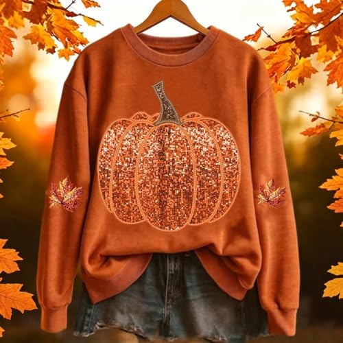 GAHIEDIM Halloween Sweater,Halloween Sweater Pumpkin Patch Outfit Crew Neck Tops Women Fall Pullover Sweatshirt Orange 06 Large - image 2