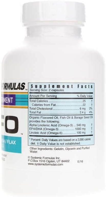 Systemic Formulas BFO - Borage/Flax/Fish Oil 60 Capsules Bio Nutriment #114. Rich and Natural Highly Potent Omega3 (DHA,EPA) + Omega 6 Essential Fatty acids