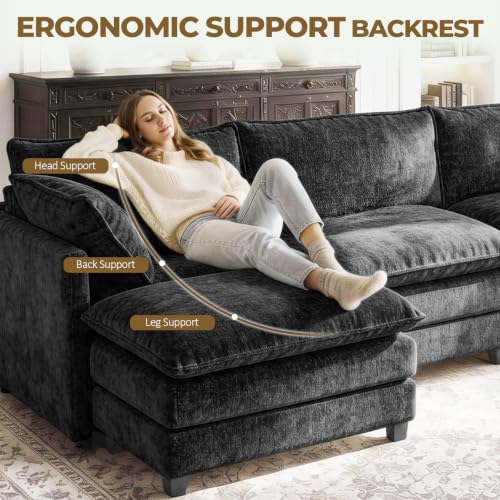 Image of 146 inch U-Shape Modular Sofa with 2 Ottomans, Deep Seat Cloud Convertible Sleeper, 2 Arm Pillows, Comfortable Large Upholstered Furniture for Living Room Apartment, Black
