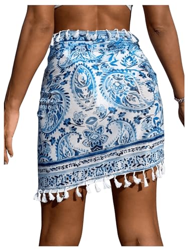 SHENHE Women's Paisley Print Beach Sarong Pareo Coverups Wrap Short Skirt with Tassels2