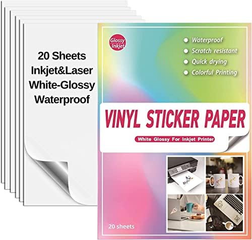 Printable Vinyl Sticker Paper for Inkjet Printer - 20 Pcs A4 Glossy White Inkjet Printable Vinyl Sticker Paper - Sticker Paper Cricut for Inkjet Printer & Laser Printer - Waterproof Paper Printable