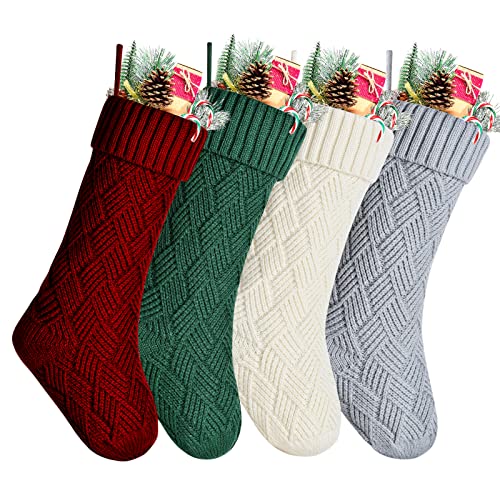 Image of Kunyida Pack 4,18 Inches Unique Burgundy Green Ivory Gray Knit Christmas Stockings