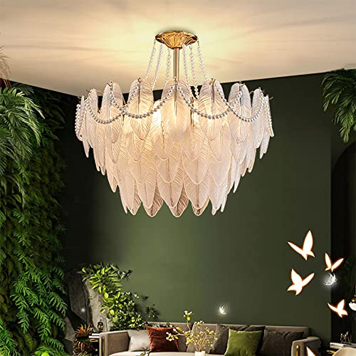 ESDFGYU Lustre Lustre de Plafond Contemporain en Verre avec Abat-Jour en Forme de Feuille texturée, Suspension Art déco en Plumes de Verre créatives, Cordon réglable 4/6 lumières Suspendue