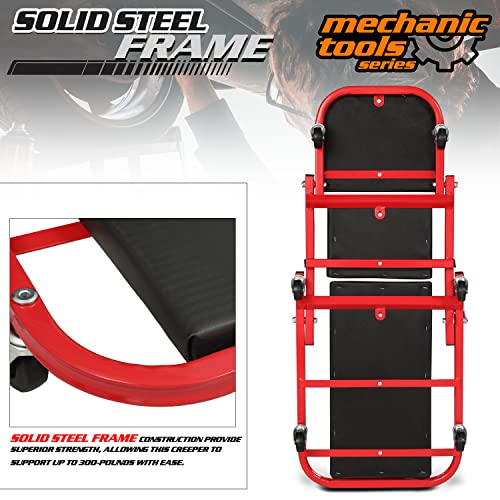 M-Auto 40-Inch Folding Creeper Rolling Seat, All-In-One Adjustable Roller Garage Chair, Lay Down Or Sit, 330Lbs Capacity Under Car Roller Creeper With 6 Swivel Casters, Red #TOP4