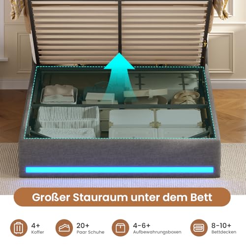 Polsterbett 140×200cm Hydraulisches Stauraumbett mit LED-Bleuchtung Jugendbett mit USB- und Type-C-Anschlüsse Doppelbett Bettgestell mit Holzlatten, Leinenstoff, ohne Matratze (Dunkelgrau, 140x200cm) – Bild 6