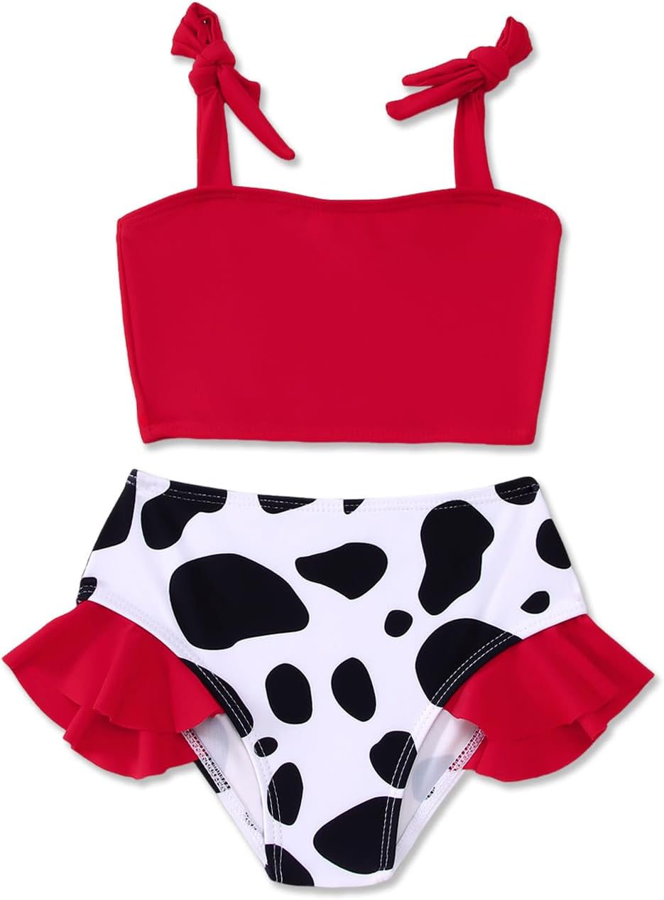 Toddler Girl Two Piece Swimsuit Strap Halter Ruffle Bikini Set Cow Print Swimwear Summer Beach Bathing Suit 18M-6T