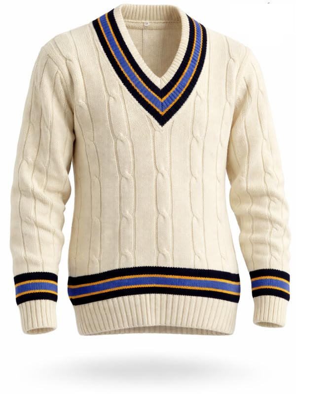 Men CLASSICE Cricket Sweater Winter Woolen White V Neck Sweatshirt Full Sleeve/Without Sleeve Sweater