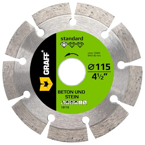 GRAFF Diamantscheibe 115mm für Stein, Beton, Bordstein, Natur- und Kunststein - Standard Diamanttrennscheibe für Winkelschleifer und Flex - Segmenthöhe 10mm