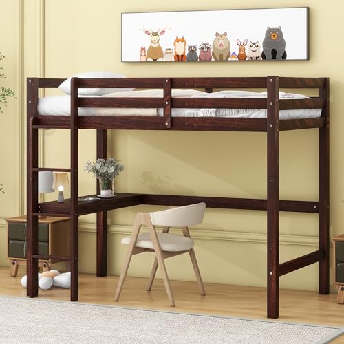 Twin Loft Pine Wood Bed with Built in Desk Safety Guardrails LadderEspresso
