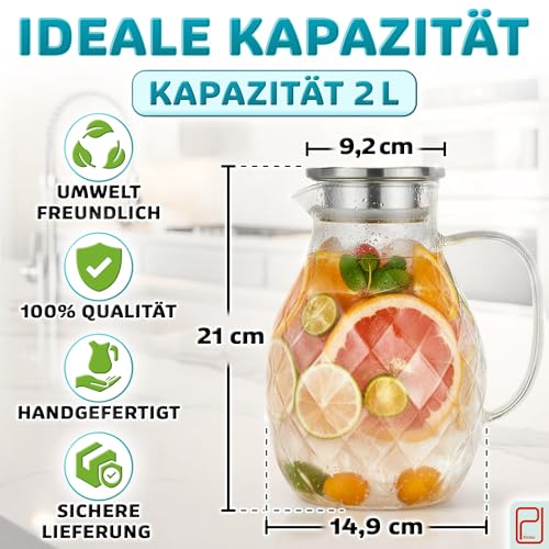 Foto von Premium Borosilikat Glaskaraffe + Deckel + Ausguss - 2 Liter - Borosilikatglas Wasserkrug mit Griff - Karaffe für Heiß- / Kaltgetränke - Eistee Glaskanne