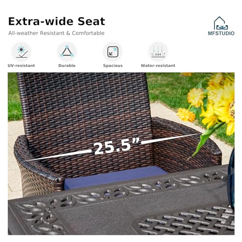 Image of MFSTUDIO Patio Wicker Chair Sets of 8, Outdoor Patio Rattan Sofa Dining Chairs Set of 8 with Navy Removable Cushions, Armrests and Metal Frame, 330lbs, Backyard, Porch