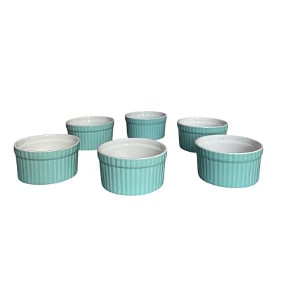Mirakii Ceramic Ramekin Curved Wooden Bowl  150 ml, Set of 6, Microwave & Dishwasher Safe, for Baking and Serving (GREEN