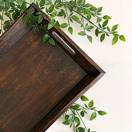 ECOPiks Handmade Curve Wooden Serving Tray with Handles, Vintage Coffee Table Decor Tray Ottoman Tray Bed Tray Couch Tray Rustic Farmhouse Tray - Dark Brown 16 x 12â€™â€™ Small