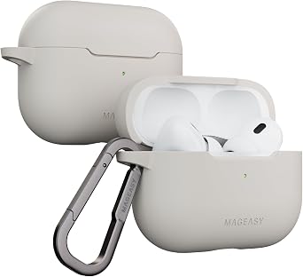 MAGEASY Skin AirPods Pro 2 Case Cover with Keychain Carabiner, Magnetic Locking TPU Shockproof Case for Apple Air Pods Pro 2nd /1st Generation, Soft Silicon Stain-Resistant Cover Starlight White