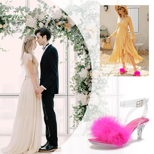 omthaka Women's Fuzzy Clear Heels Ankle Strap Stiletto Sandals Fluffy Feather Slip On High Heeled Party Prom Dresses ShoesPink-39 US8.5 by omthaka - Used condition - Image 4