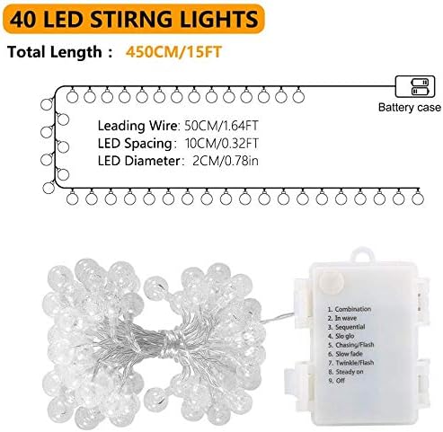 ECOWHO LED String Lights Battery Operated, 40 LED 15FT 8 Modes Waterproof Globe Crystal Ball Outdoor String Lights for Bedroom, Patio, Christmas, Wedding, Party(Warm White)