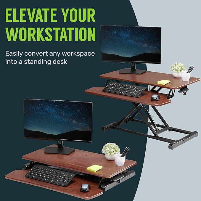 Image of TechOrbits Standing Desk Converter - 42 Inch Adjustable Sit to Stand Up Desk Workstation, MDF Wood, Ergonomic Desk Riser with Keyboard Tray, Desktop Riser for Home Office Computer Laptop, Black 42 inch