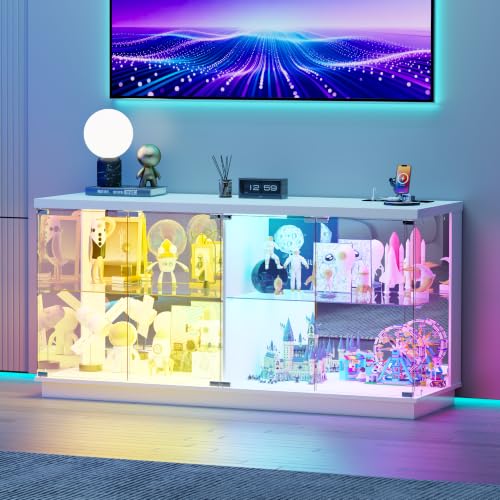 59" W Large Display Cabinet with Glass Doors and Sensor RGB Lights,Black