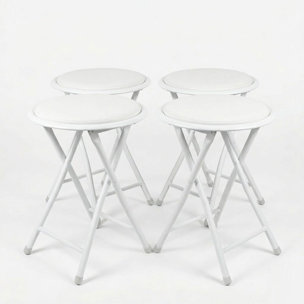 SuperGift.com Round Compact Padded Folding Stool Chair For Breakfast, Office Stool, Folding Kitchen Stool, Desk Stool, Foldable Bar Stools (White 4 Pack)