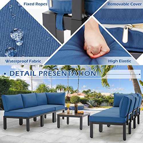 Aecojoy Outdoor Patio Furniture Set, Metal Patio Sectional Conversation Sofa, Black Wrought Iron Outdoor Furniture Sets Clearance With Navy Blue Cushions #TOP4